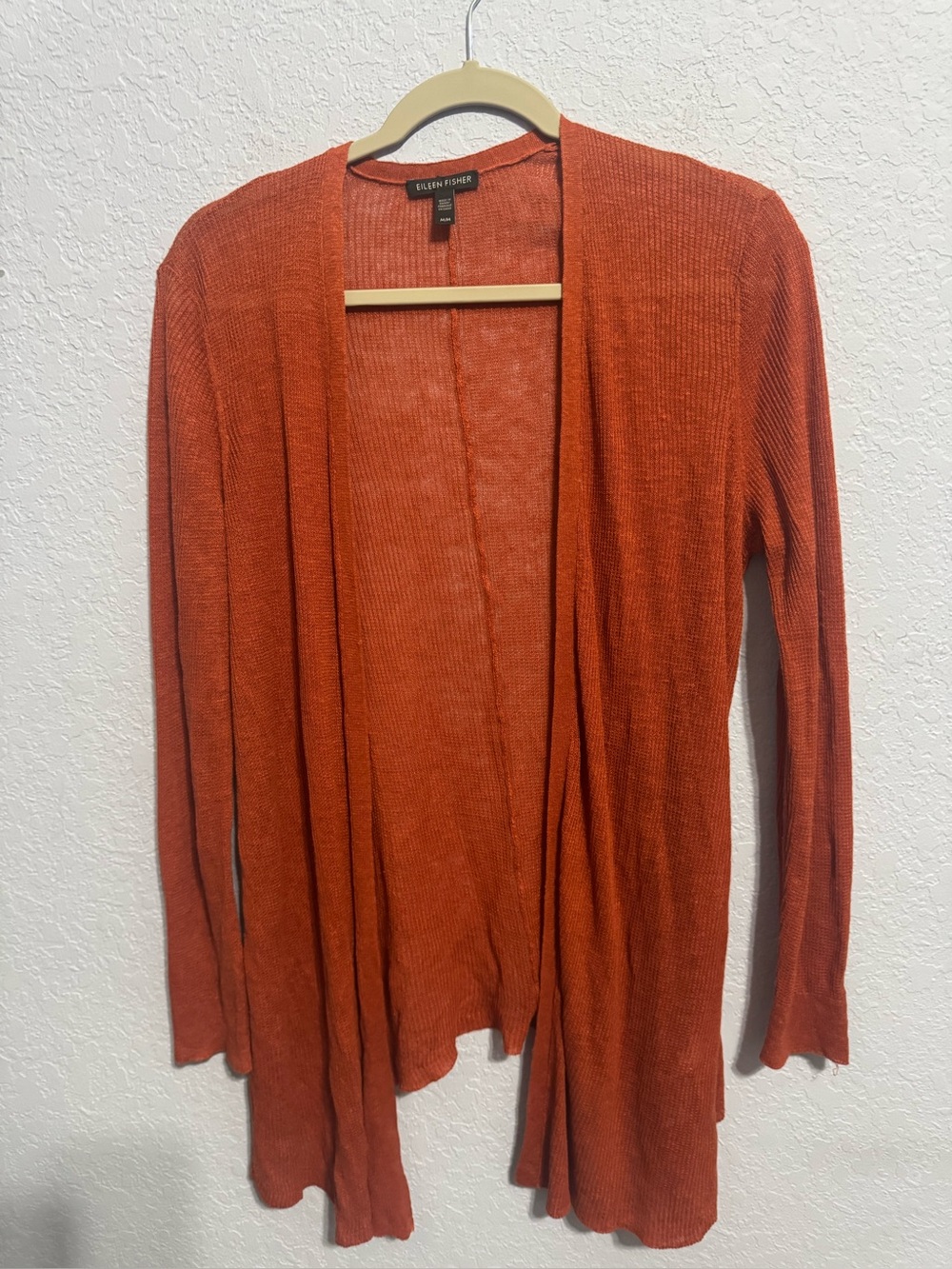 Eileen Fisher Burnt Orange Open-Front Organic Linen Blend Draped Cardigan